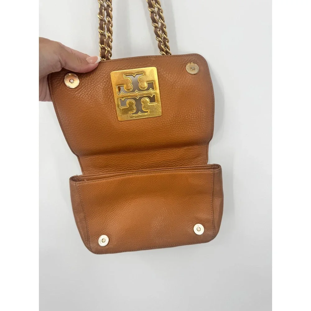Tory Burch Shoulder Bag Womens Small Brown Leather Chain Strap Flap Logo